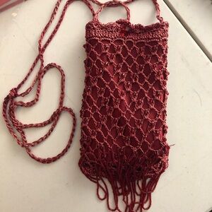 Beaded Crocheted Cocktail Purse With Bead Fringe Burgundy